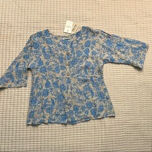 Blue and Tan Boxy 3/4 Sleeve Blouse